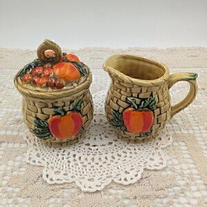 Vintage Lefton Japan Fiesta Basket Weave with Fruit Ceramic Cream and Sugar Set